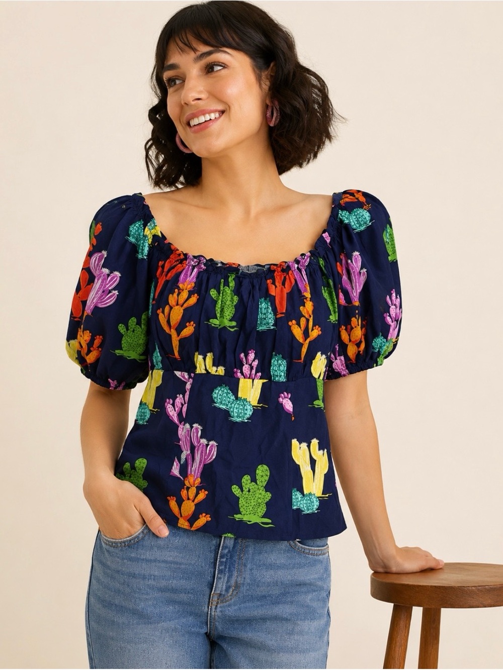 ModCloth Collectif Viviana Wonder Cactus Print Off Shoulder Smocked Top X-Small